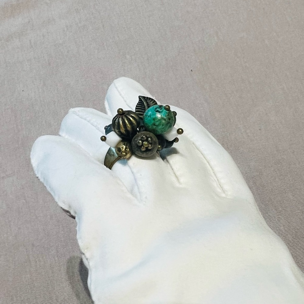 Multicolored Stone Cluster Brass Ring Size 6.5-7 Handmade